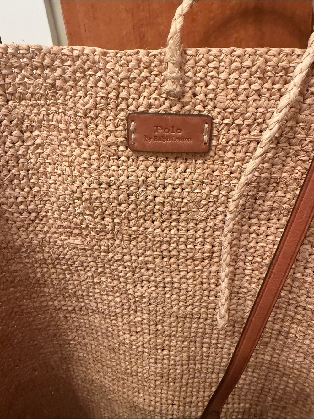Ralph Lauren Tan Straw Tote with Brown Leather Polo Emblem - Picture 5 of 8